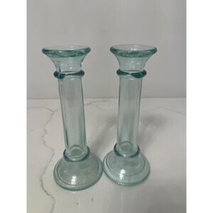 Vetreria Clear Green Hue Glass Candlesticks 7.75" Set of 2
